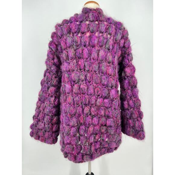 Handmade Mohair 3D Knit Bubble Open Cardigan Sweater Purple Chunky Long Pocket - Picture 6 of 13